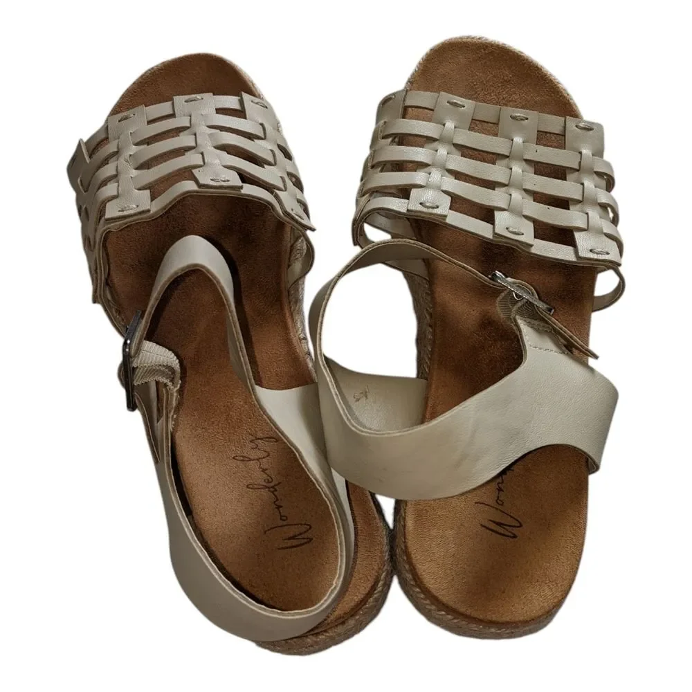 WONDERLY Sandals Women Beige Tan Neutral Wedge Open Toe Buckle Strap 8.5